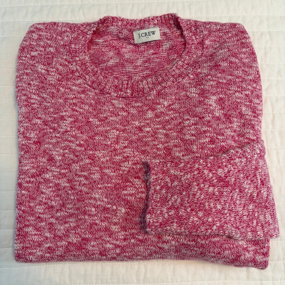 J.Crew Pink White Marled Knit Crewneck Long Sleeve Lightweight Sweater Womens Lg